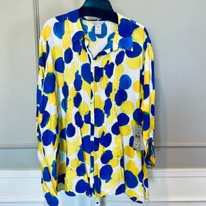 Multiples NWT 2X Button Down Blouse Blue Yellow Abstract Polka Dot Shirt Top